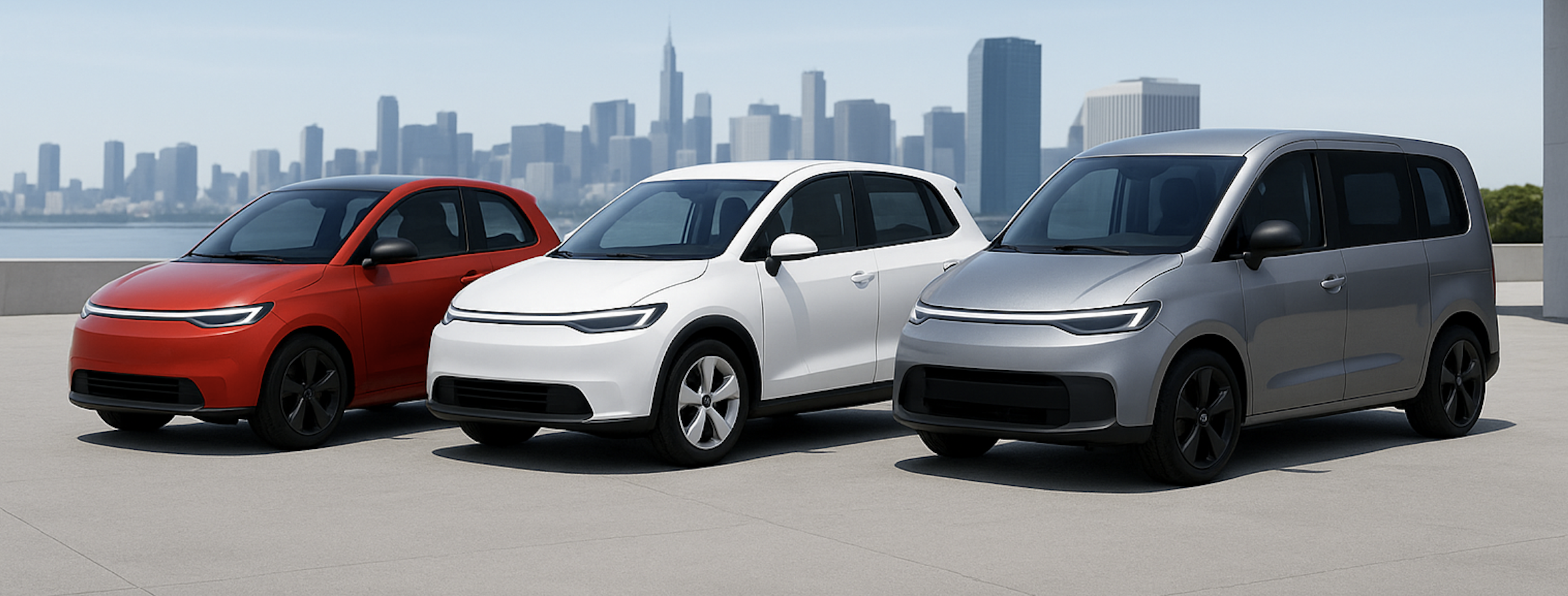 EVOM electric city cars in a parking lot